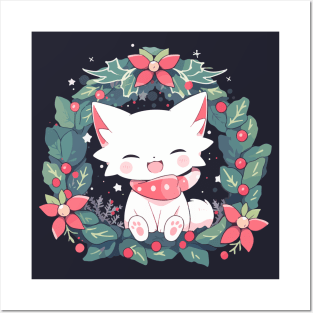 White cat in a Christmas wreath Posters and Art
